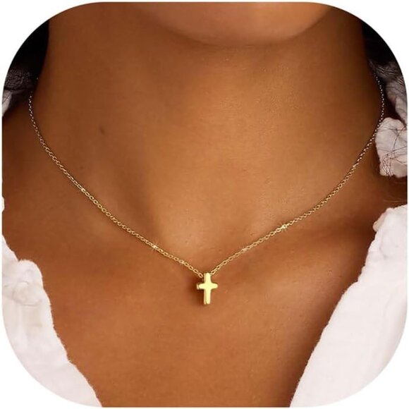 Cross Necklace Dainty Gold-Plated Brass 16in with 2in Extension Women Girls - Picture 1 of 8